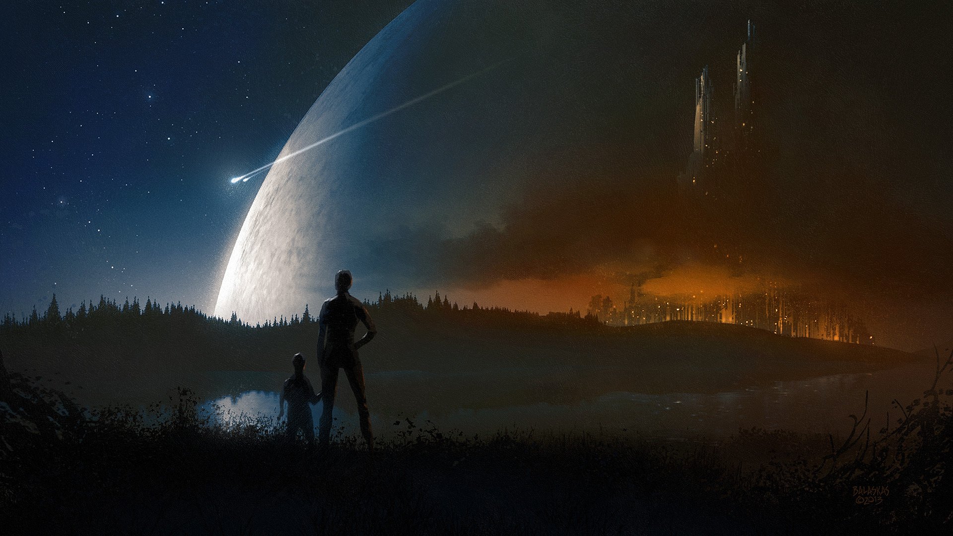 art christopher balaskas planeta widok ludzie miasto noc światła jezioro statki szlak gwiazdy