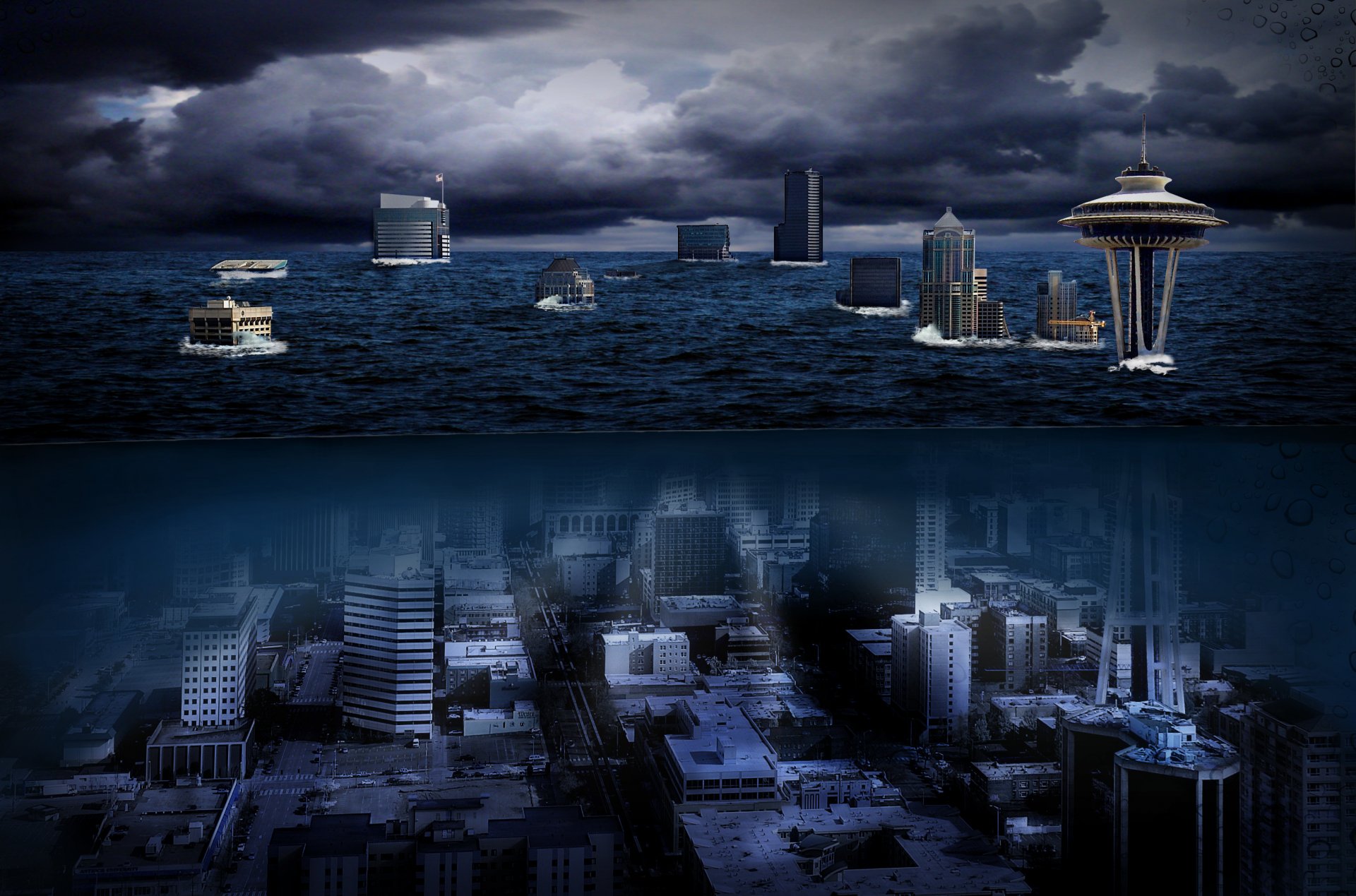 woda seattle waszyngton usa miasto noc space needle wieża morze seattle space needle space needle podwodne miasto
