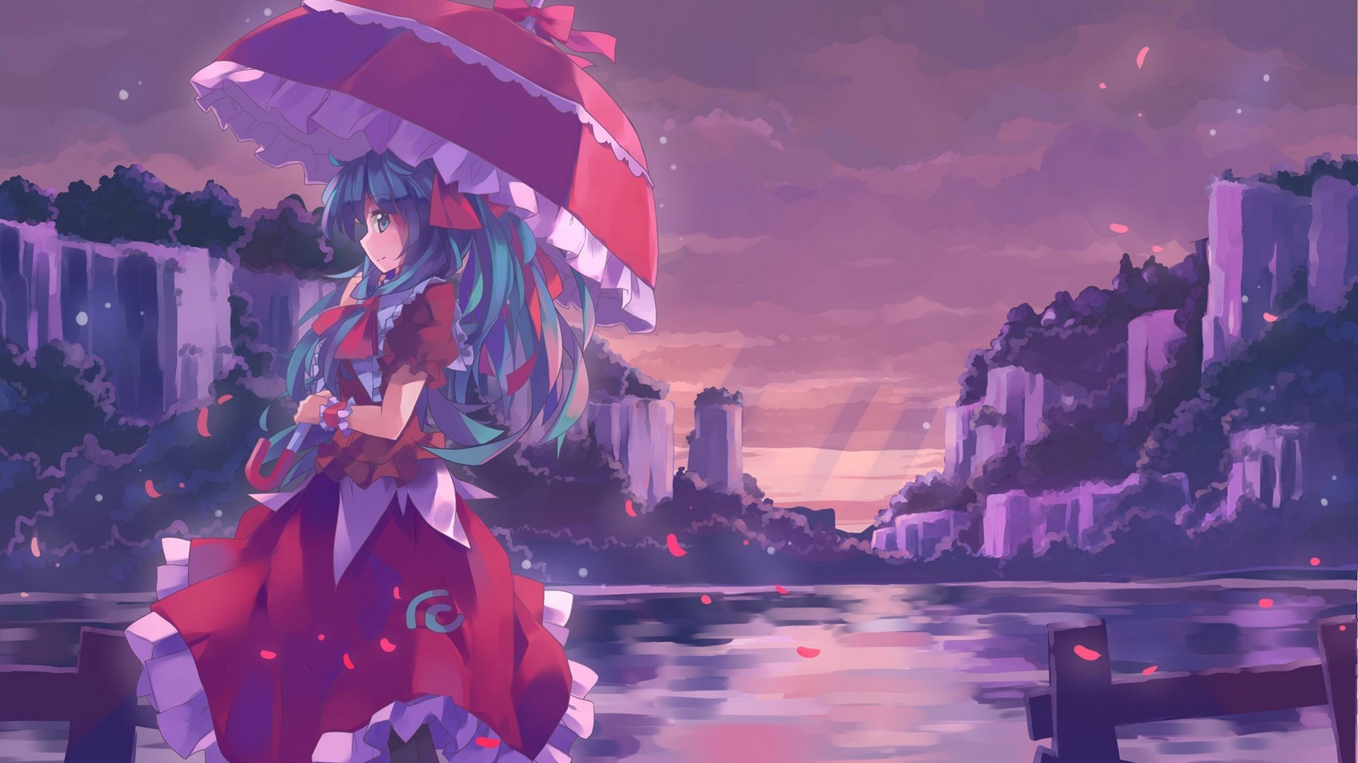 touhou kagiyama хина девушка зонт платье вода улыбка лепестки