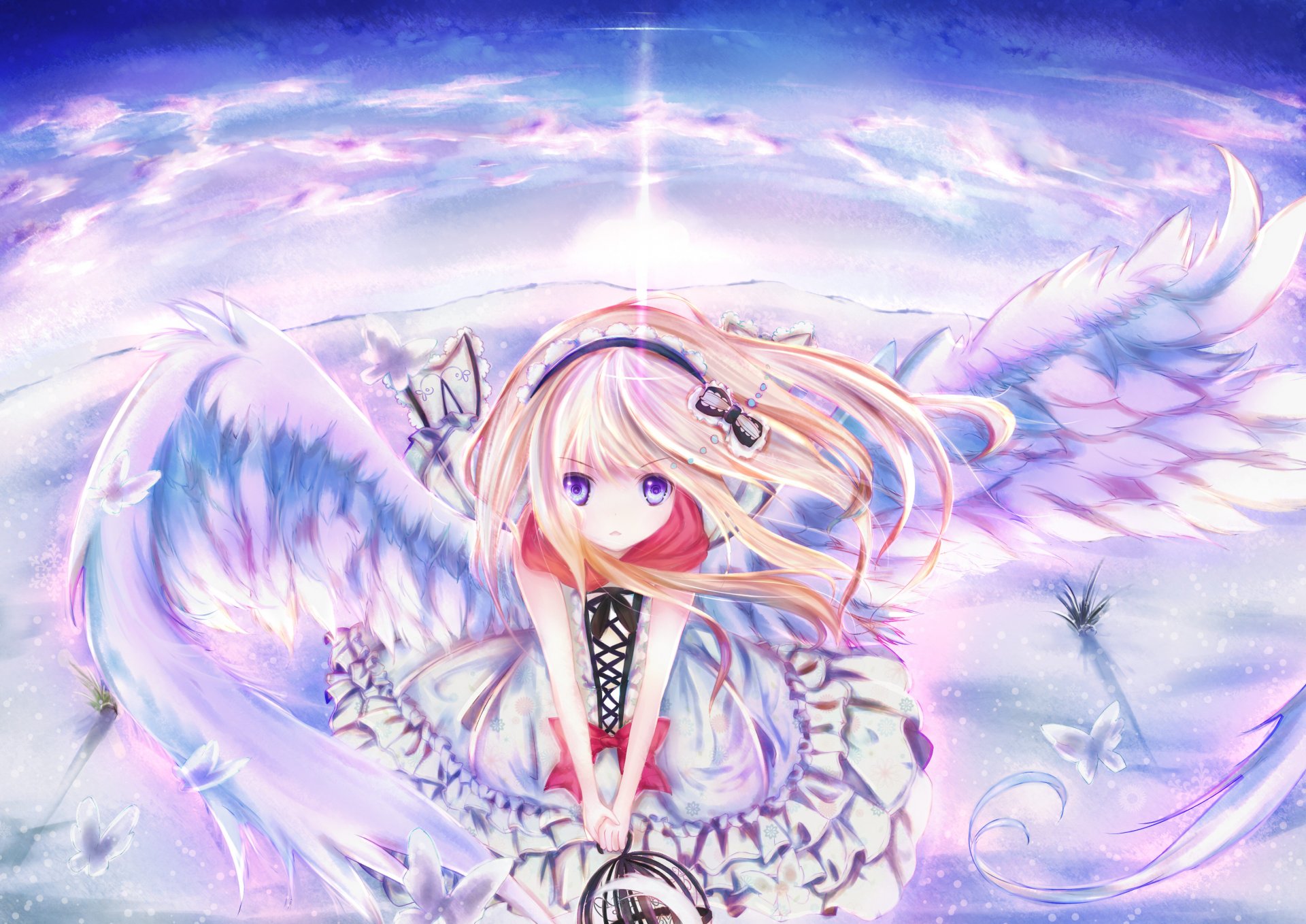 anime dziewczyna skrzydła niebo motyl spinka do włosów chmury