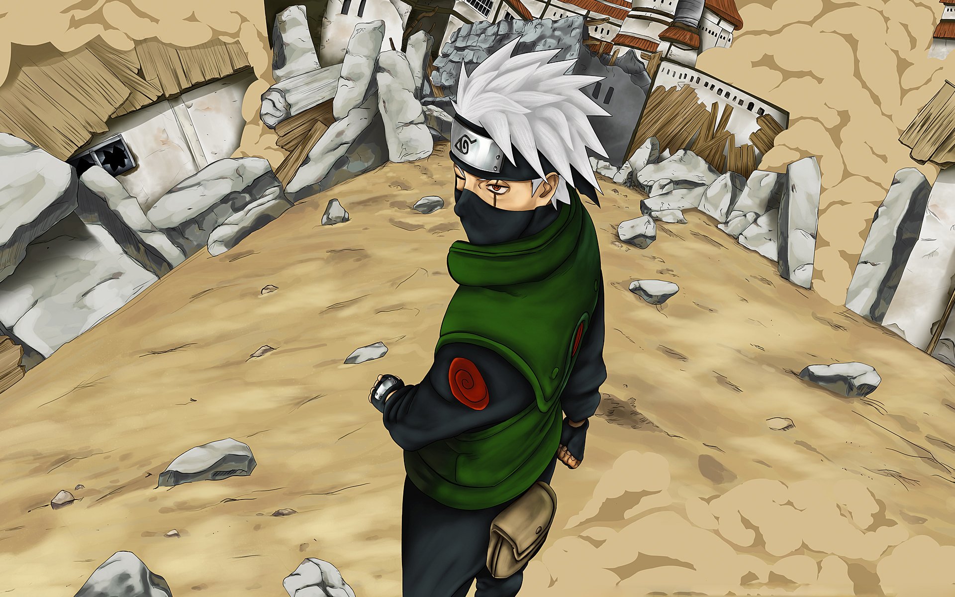 anime naruto hatake kakashi sharingan ruiny konoha art