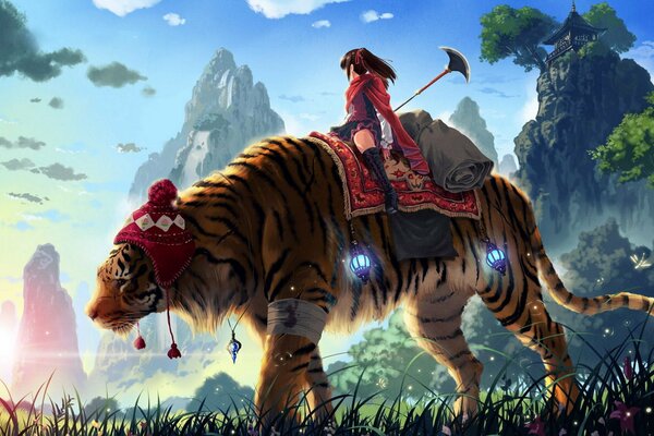 Anime dziewczyna Chan na tygrysa w czapce zimowej. Fantasy Anime