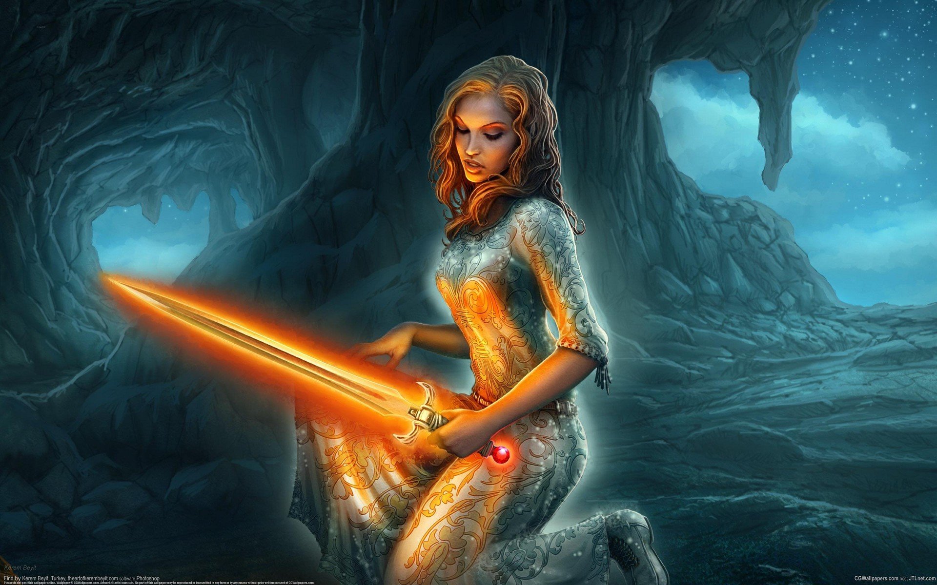 art kerem beyit dziewczyna miecz magia skały jaskinia