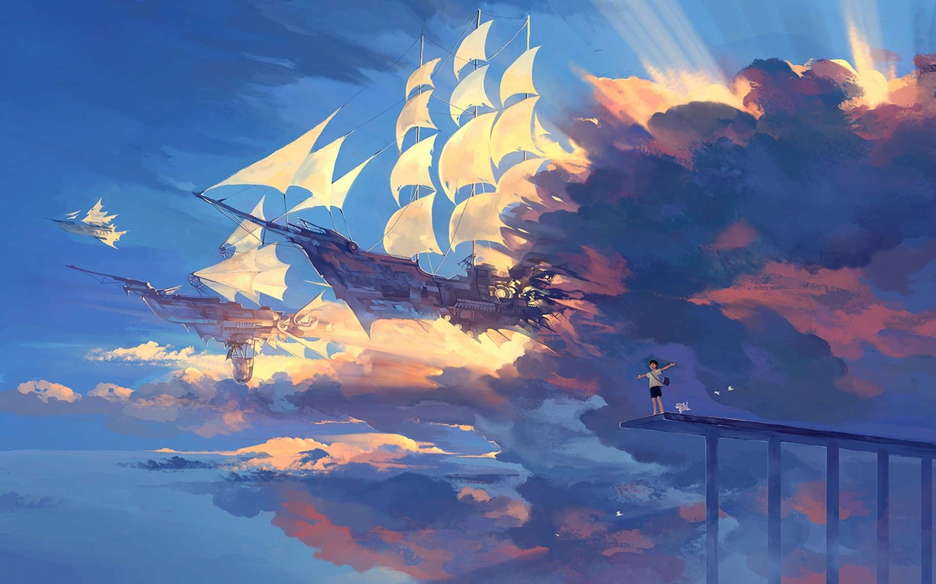 арт hanyijie парень небо облака корабли радость собака птицы пейзаж аниме