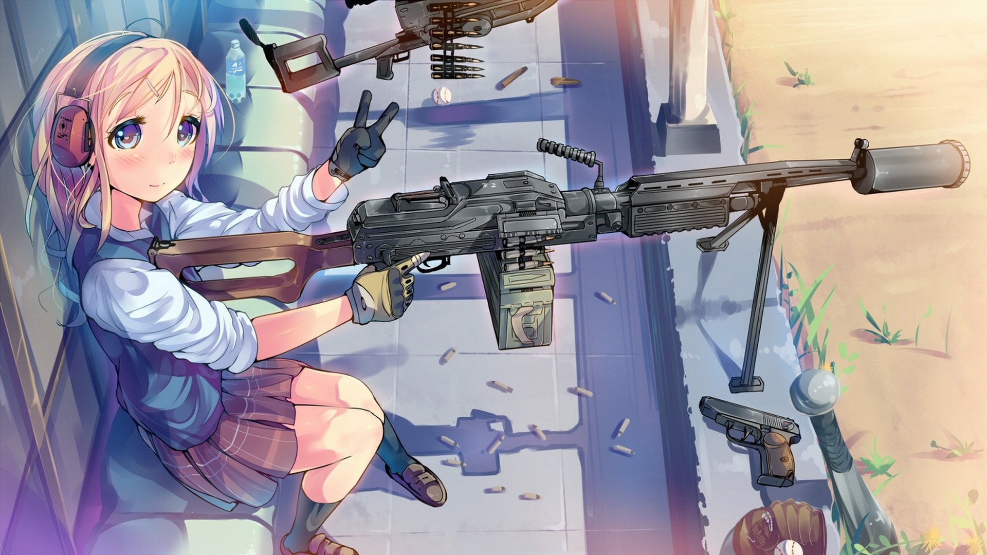 art daito broń pistolet słuchawki kule butelka woda dziewczyna anime