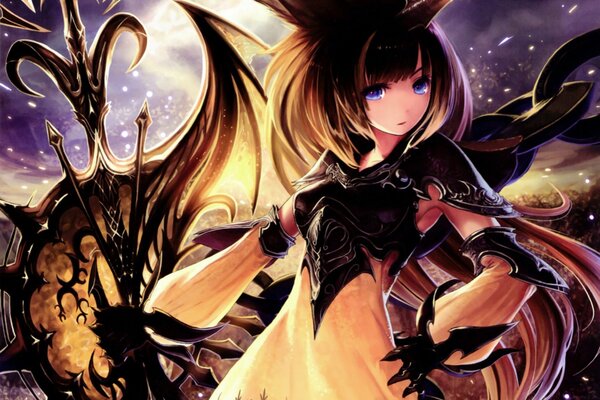 Niebieskooka dziewczyna z uszami na tle księżyca z anime