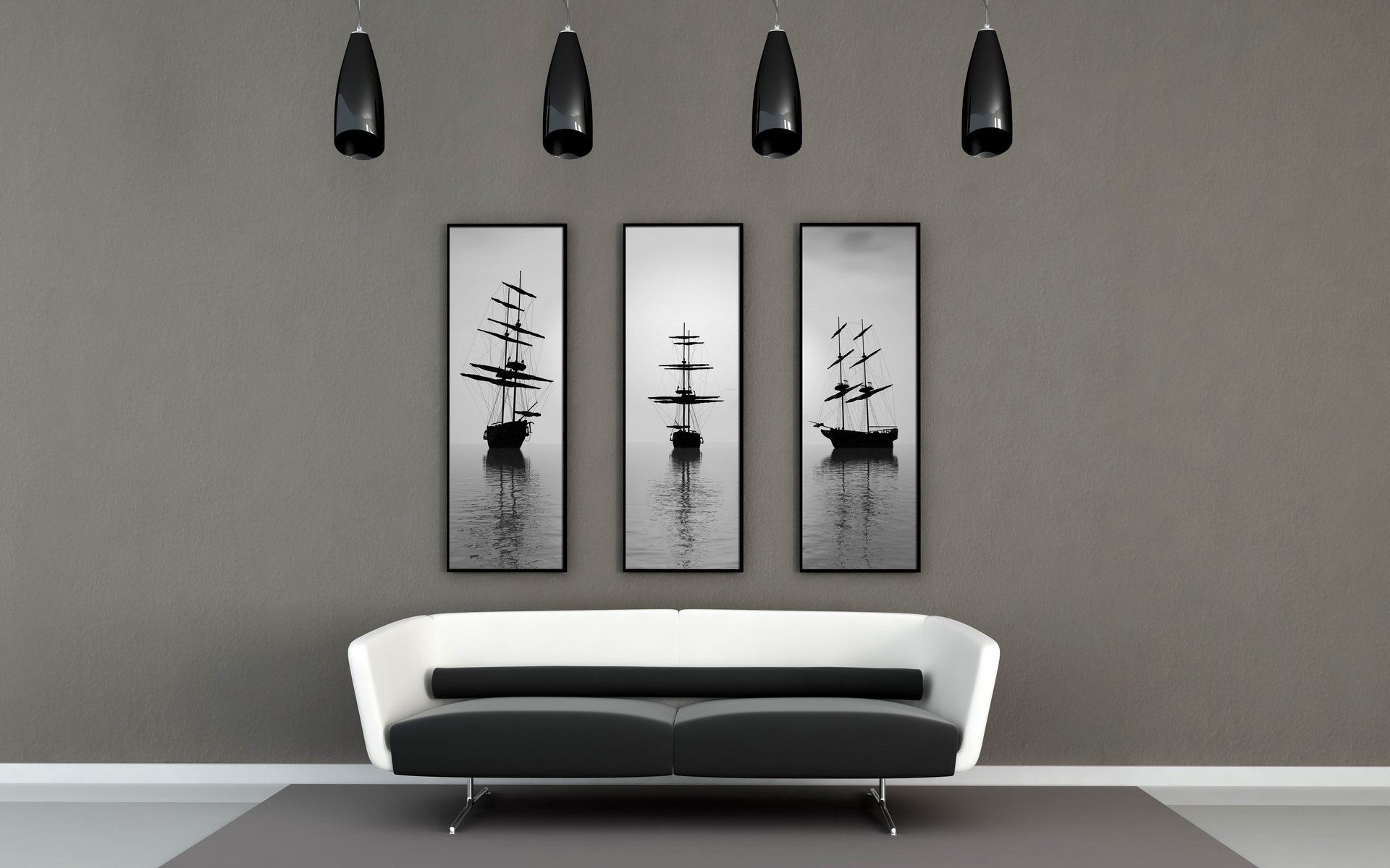 wnętrze pokój mieszkanie design styl sofa obrazy statek