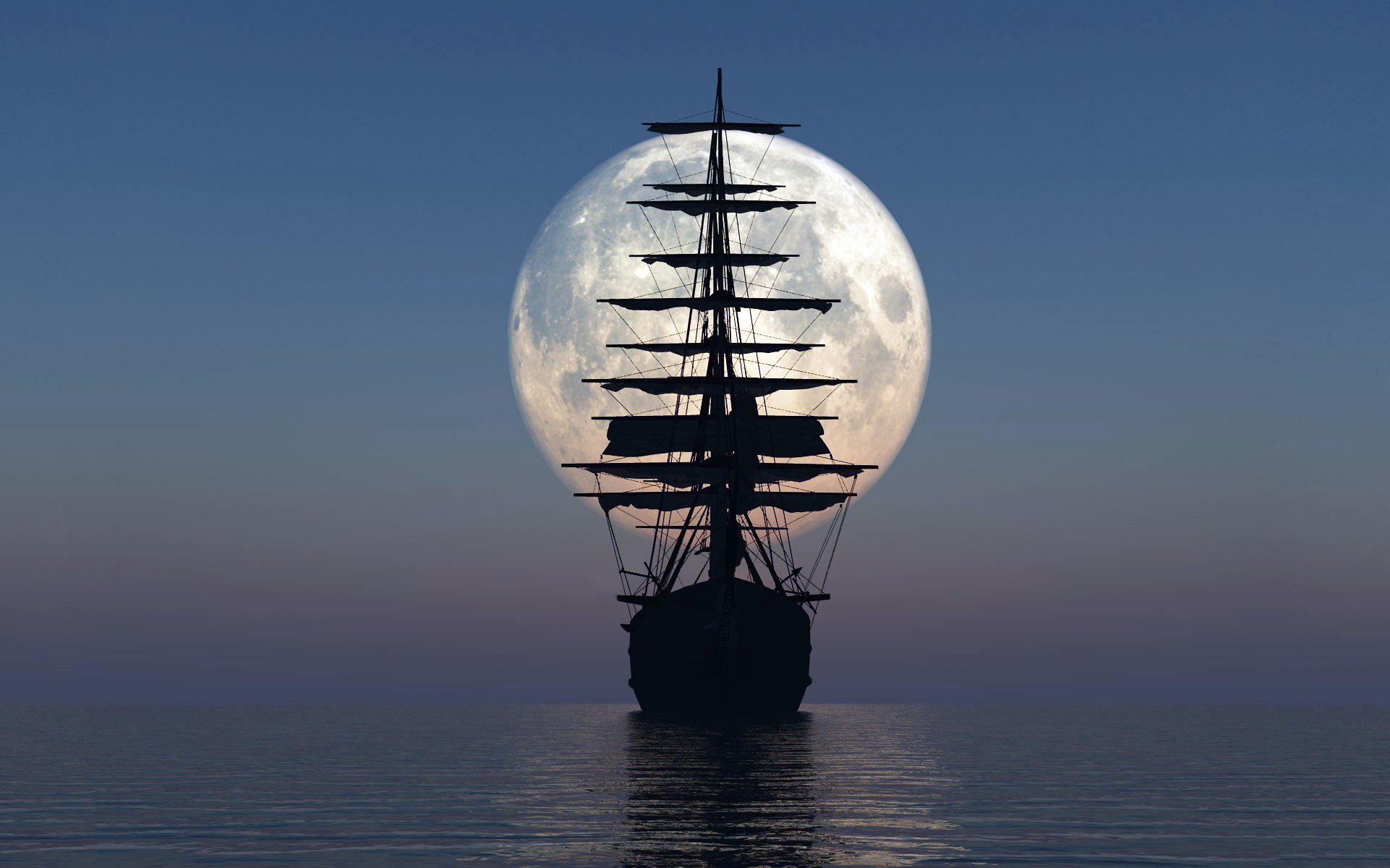 море паруса океан небо луна мачты корабль силуэт