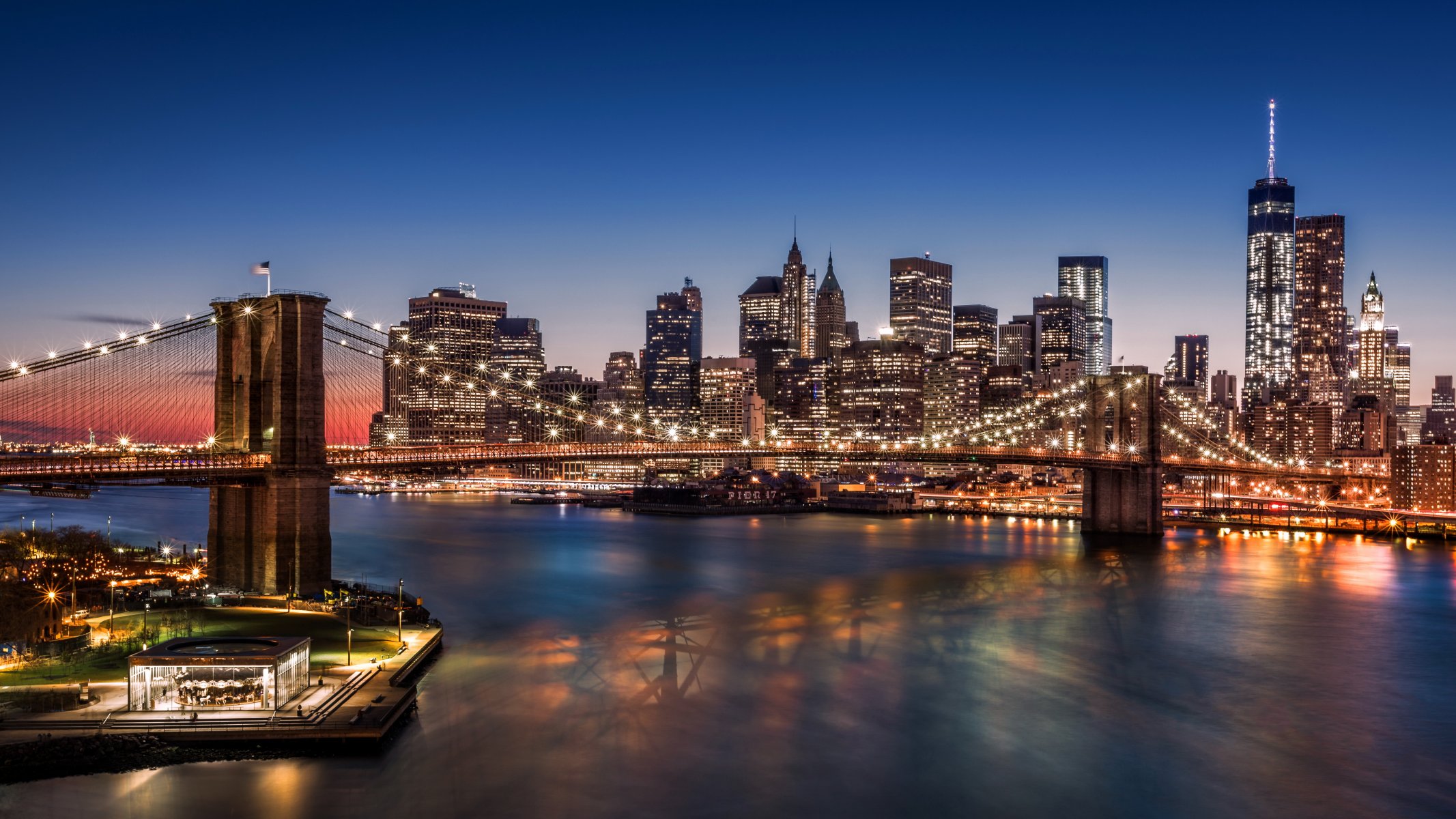 brooklyn bridge manhattan nowy jork usa noc miasto latarnie drapacze chmur porty