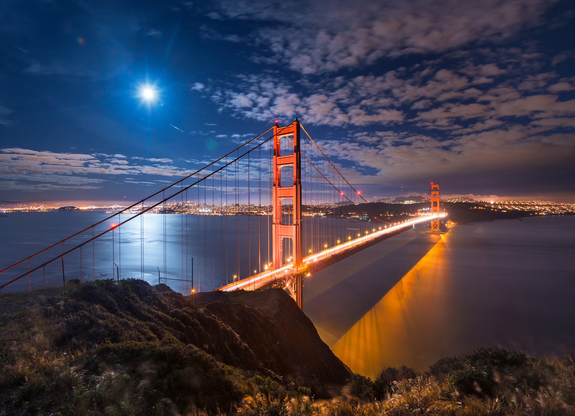 stany zjednoczone kalifornia miasto san francisco zatoka cieśnina most golden gate noc światła niebo księżyc światło
