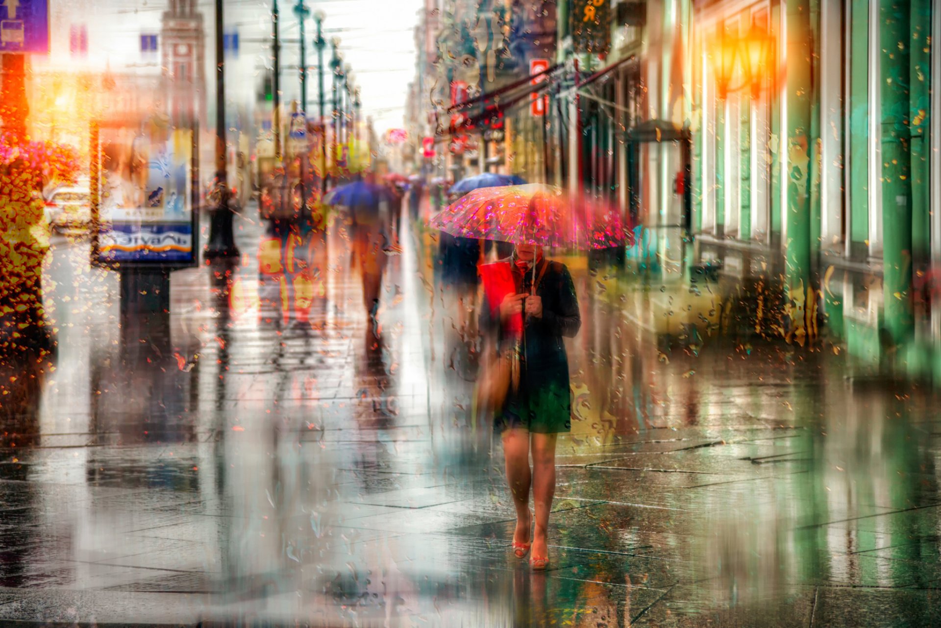 sankt petersburg rosja newski prospekt deszcz krople dziewczyna parasol