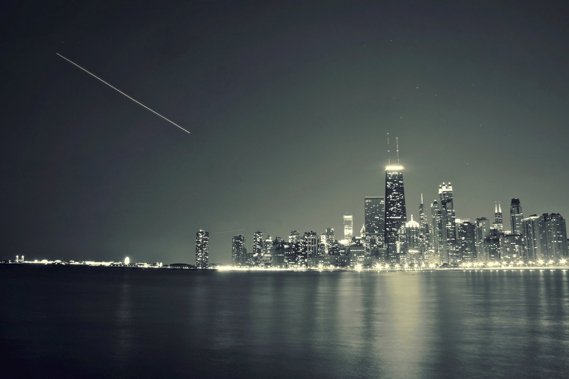 chicago illinois miasto rzeka drapacze chmur noc światła