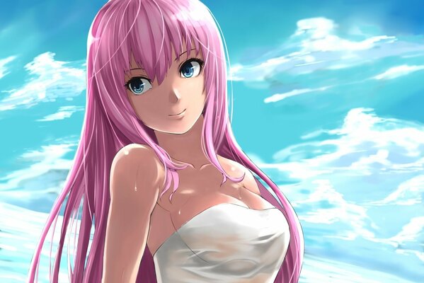 Anime dziewczyna z różowymi włosami na tle błękitnego nieba