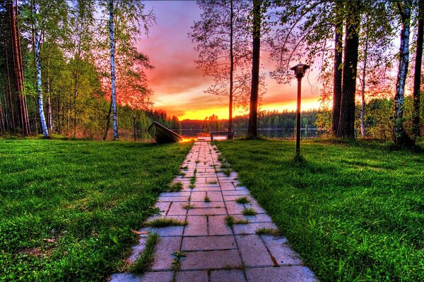 Ścieżka przez park do jeziora o zachodzie słońca
