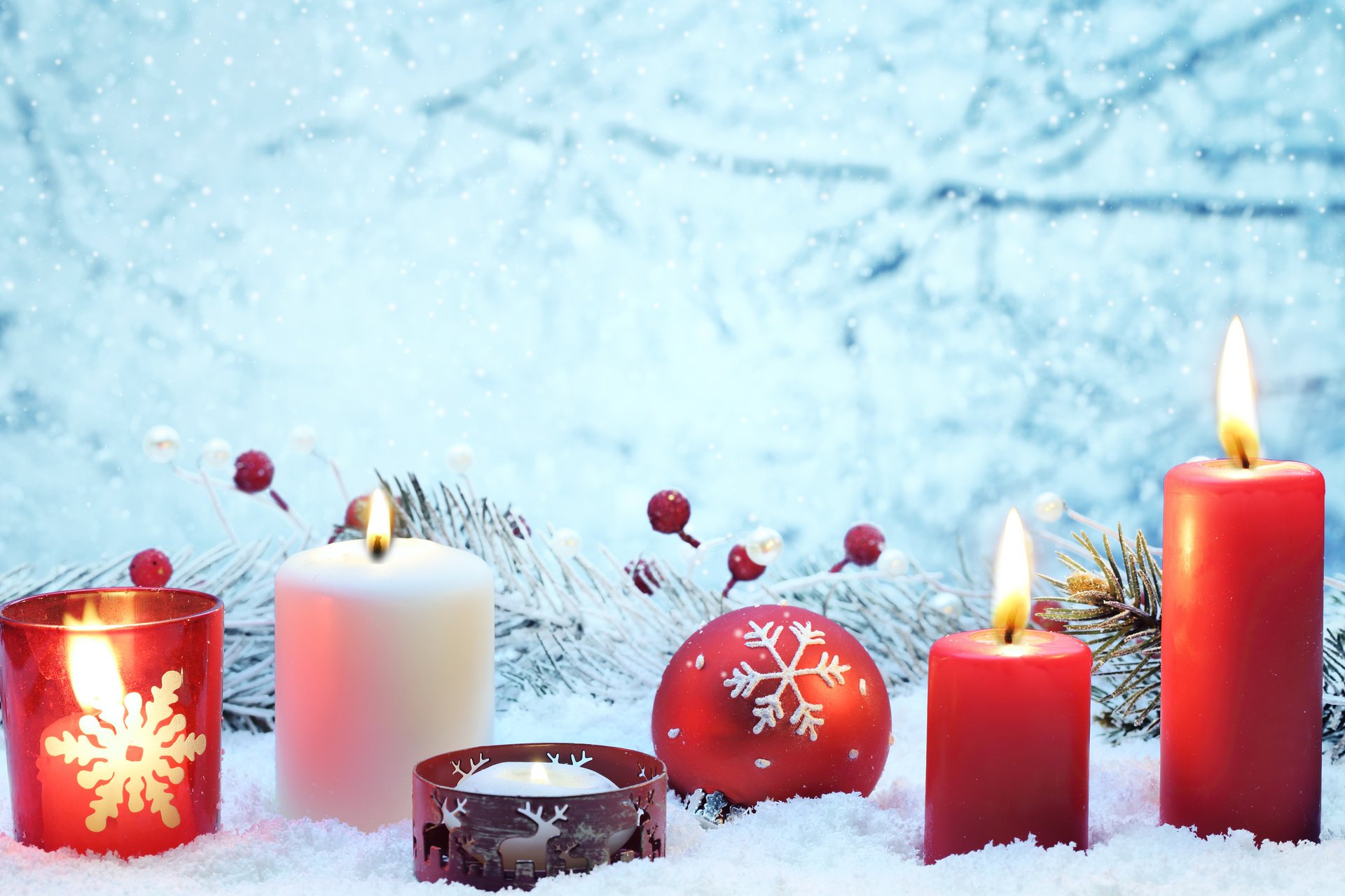 merry christmas ornaments cherry decoration balls red new year lights candles bokeh