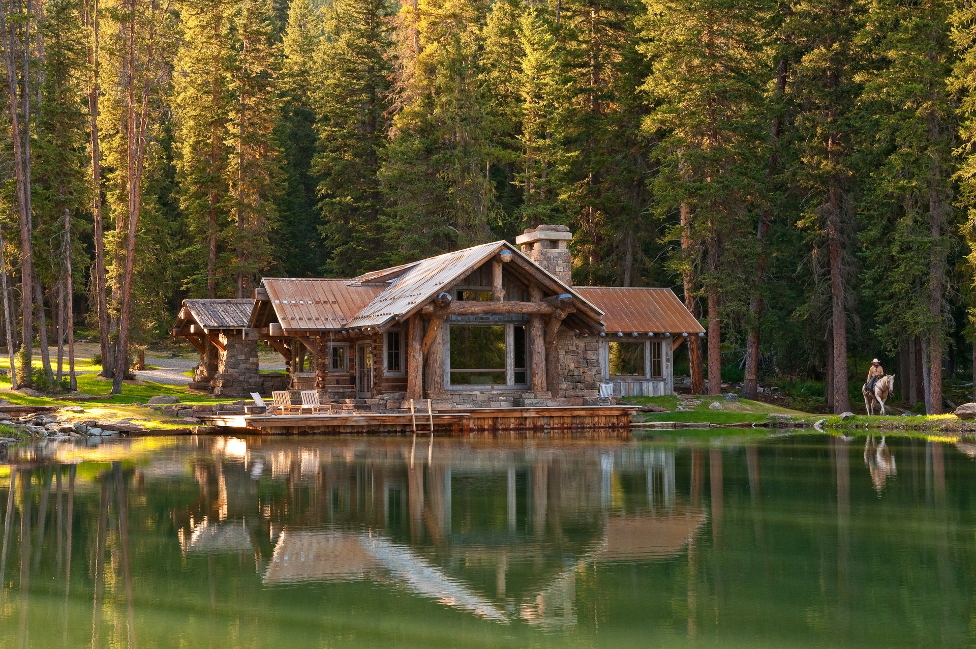 дом деревья озеро вода лес лето