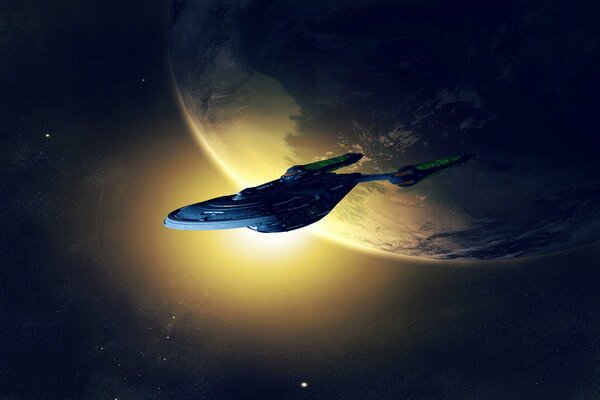 Космический корабль Star Trek, пролетающий около планеты