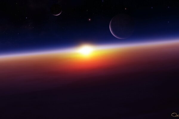 Blask słońca w kosmosie z planetami