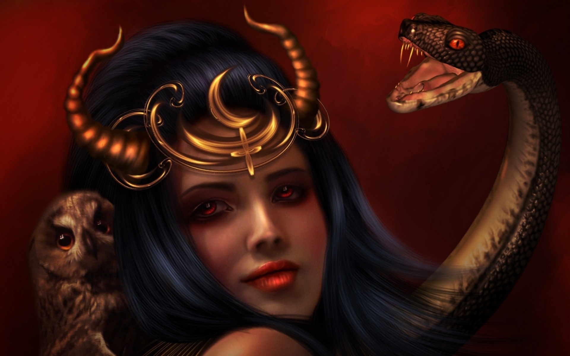 art dziewczyna lilith sowa wąż ciemny fantazja ciemny fantazje