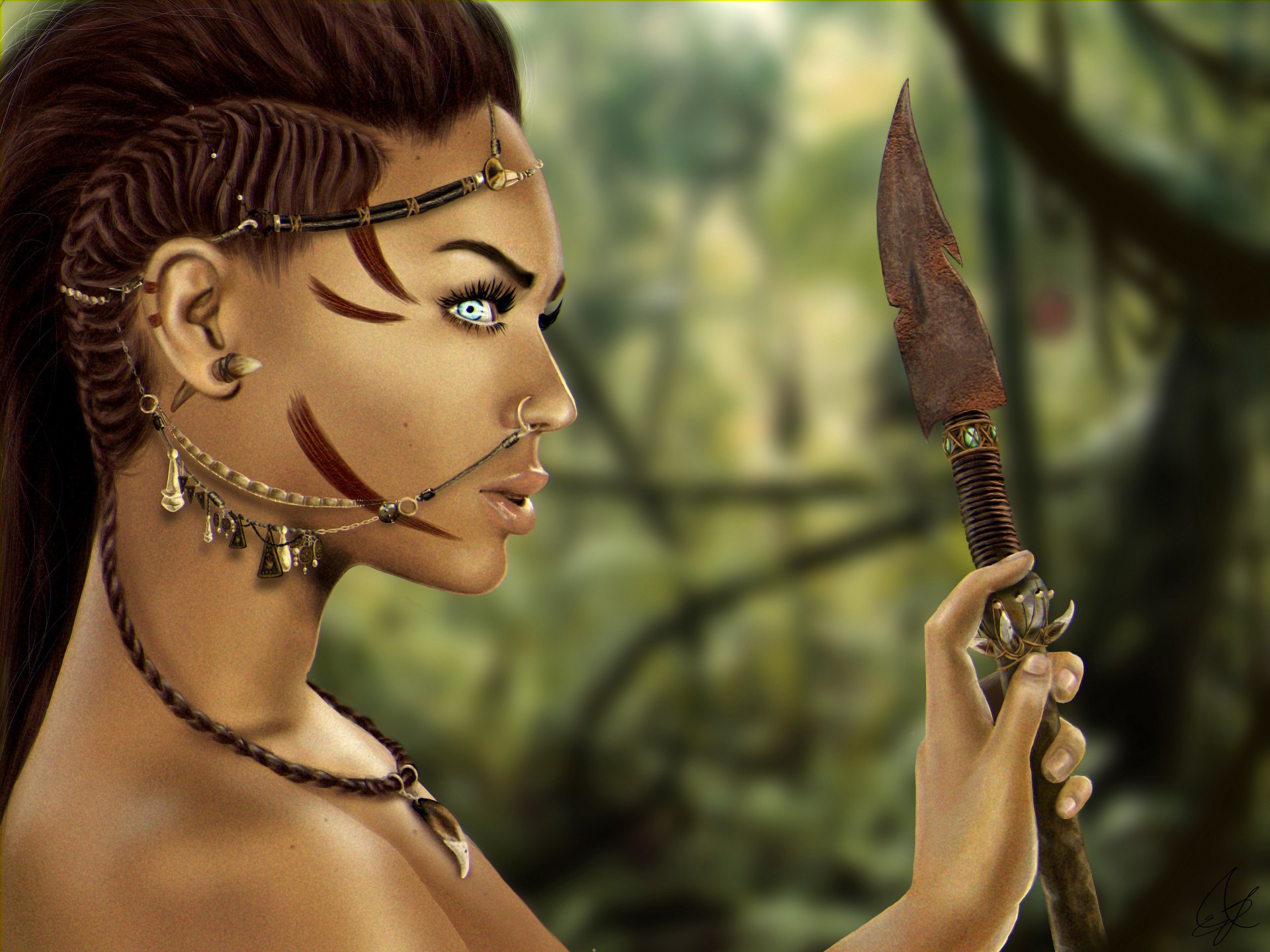 twarz dziewczyna lara croft oczy włócznia warkocze biżuteria profil rzęsy amazon