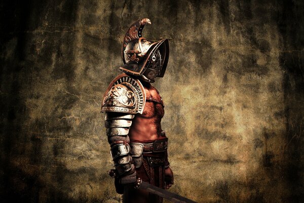 Gladiator w ciężkiej metalowej zbroi wojskowej