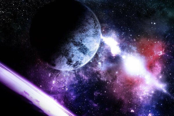 Przestrzeń kosmiczna z planetą i fioletową gwiazdą