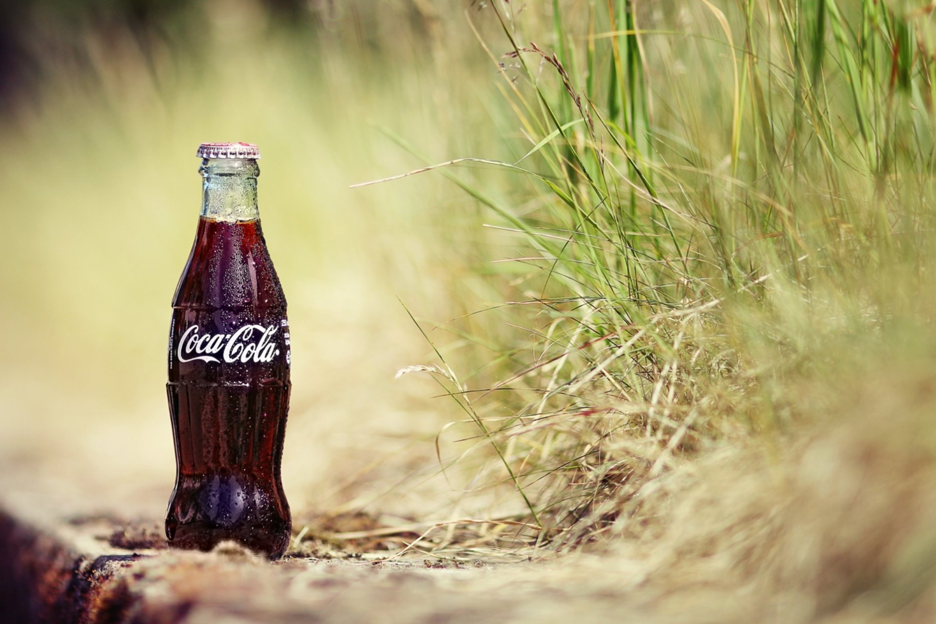 песок трава растения бутылка кола капли coca-cola кока-кола напиток газировка фон обои