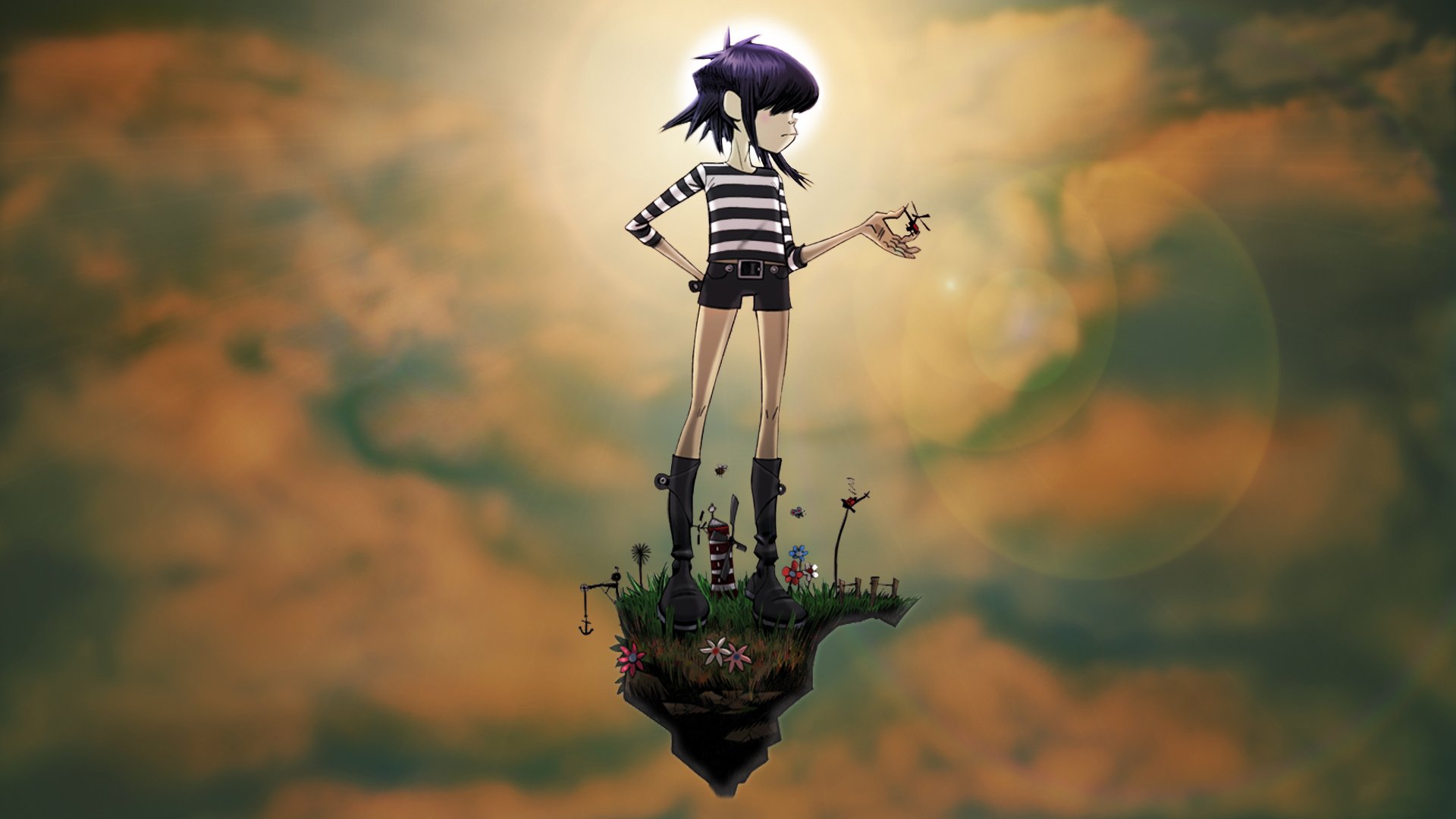 gorillaz facet unoszący się wyspa kamizelka szorty kotwica niebo trawa wiatrak