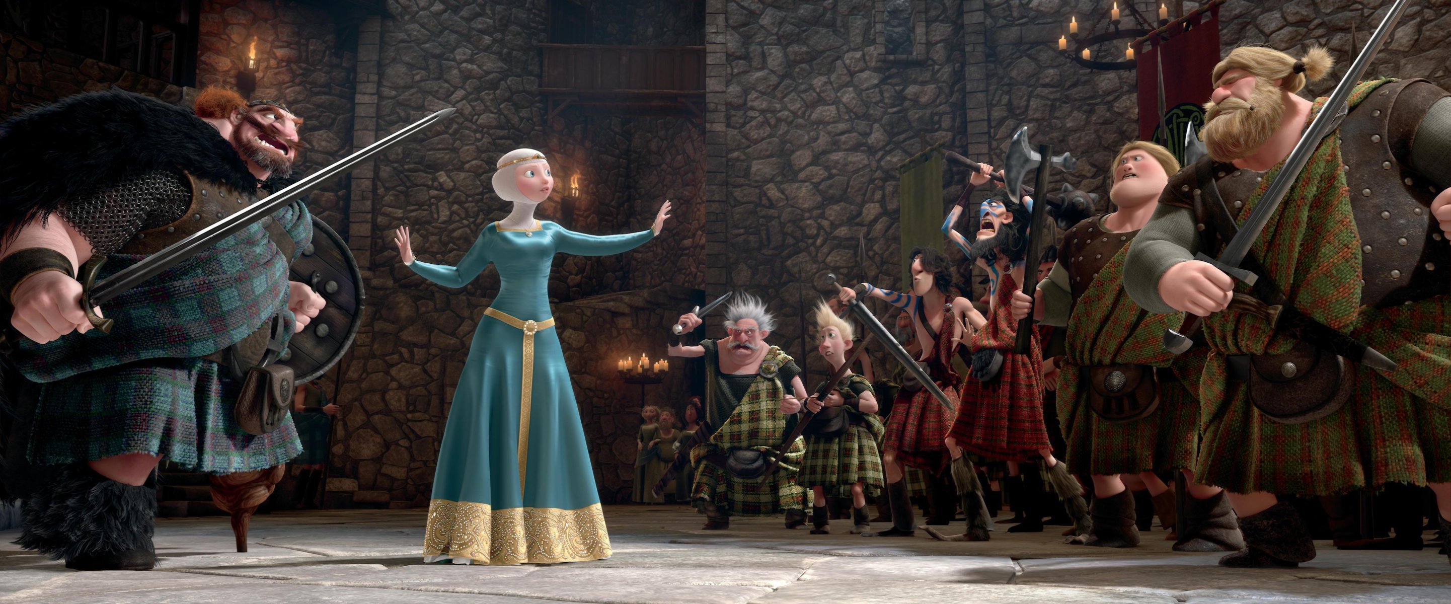 film disney pixar szkocja król królowa księżniczka barbarzyńcy merida rude włosy braveheart kreskówka pixar łuczniczka wojownicy szkoci zamek świece kolekcja