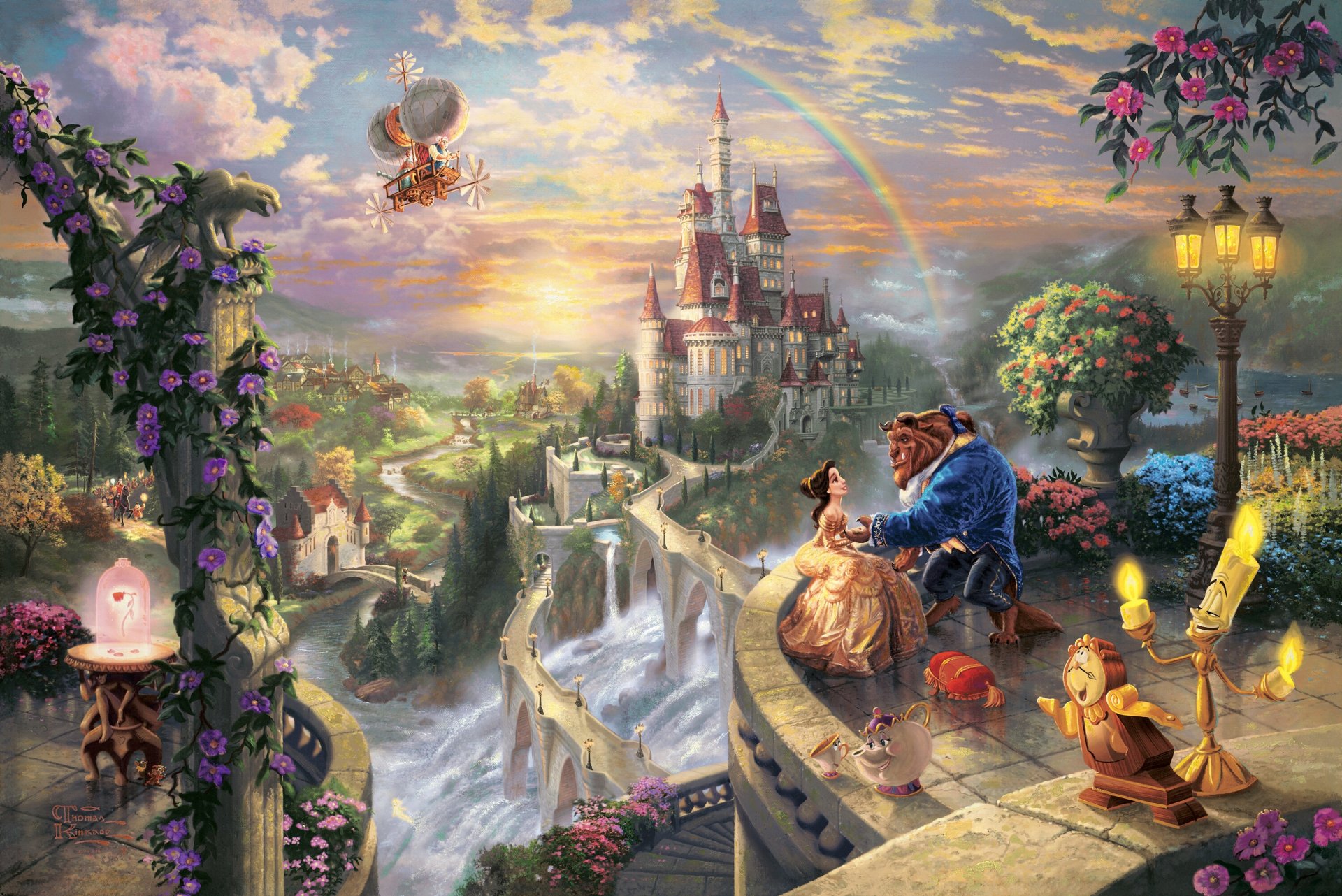 thomas kincaid piękna i bestia zakochać się disney dream collection 50. rocznica belle książę sztuka zamek zachód słońca tęcza bajka fantasy historia miłosna dorosły piękna i bestia belle książę disney sztuka miłość para balkon lumiere
