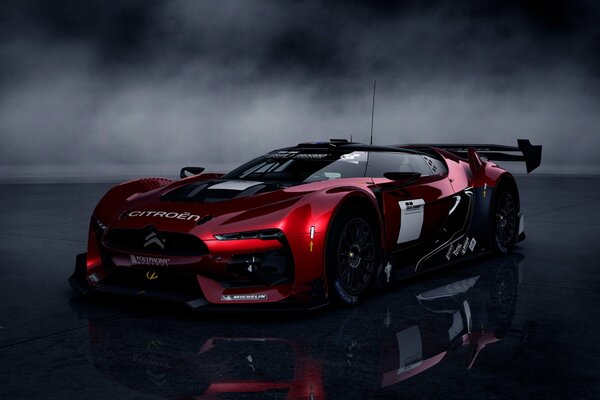 Gran turismo pięć na tle mgły z odbiciem w podłodze