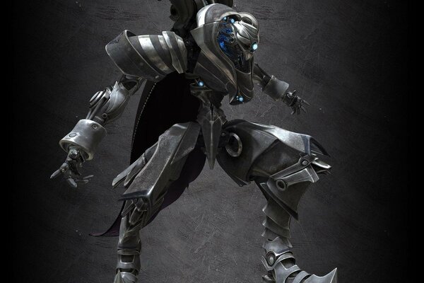 Metalowy robot z niebieskim podświetleniem na szarym tle