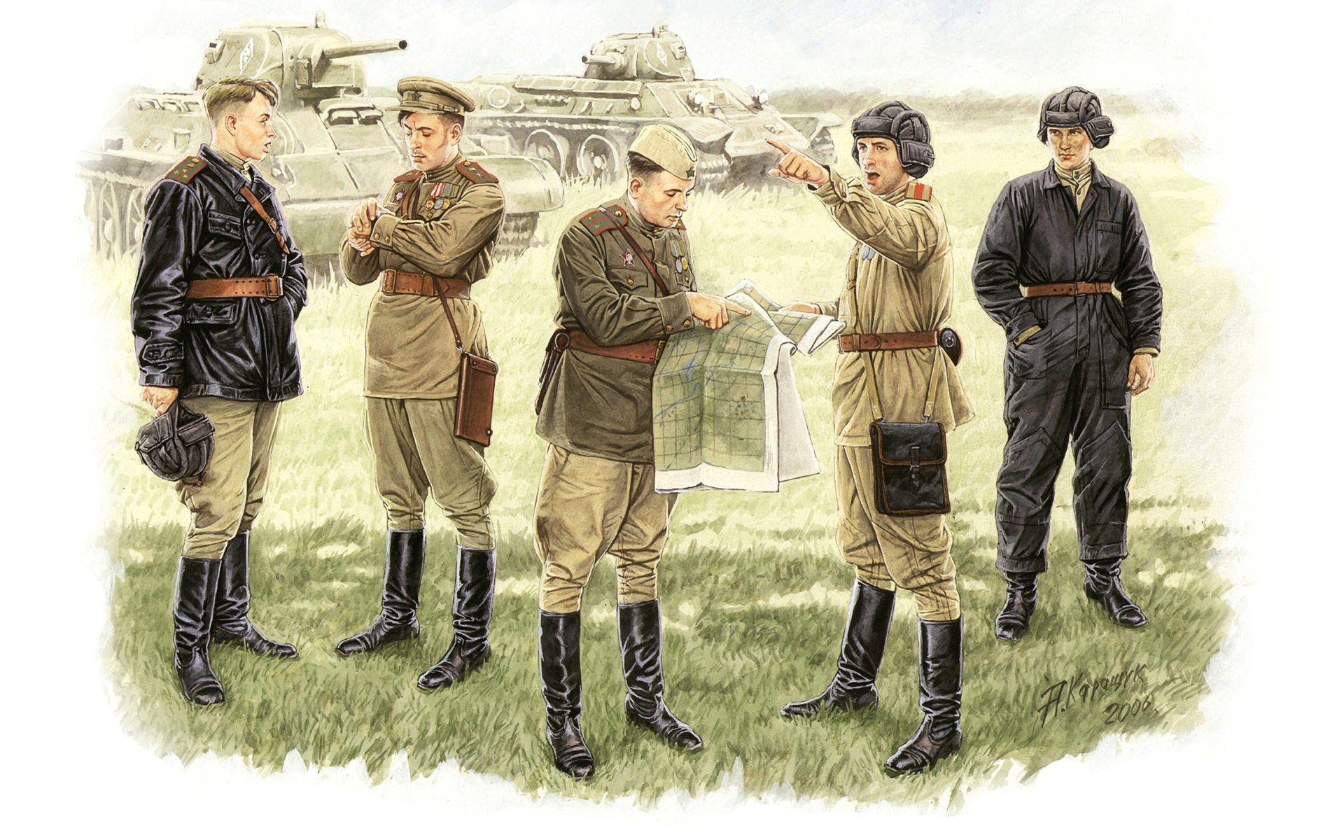 art żołnierze radzieccy oficerowie w warunkach polowych odprawa zsrr wojna światowa ww2 artysta a.