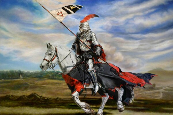 Galopujący rycerz w zbroi z flagą