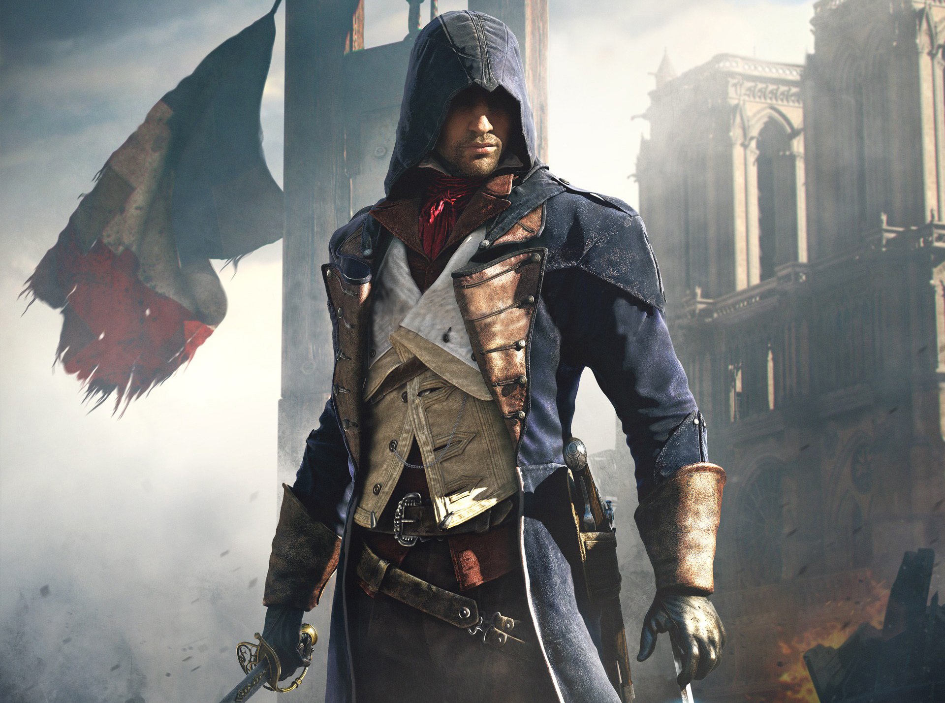assassin s creed: jedność arnaud zabójca kaptur paryż pistolet flaga domy miecz ostrze niebo ubisoft