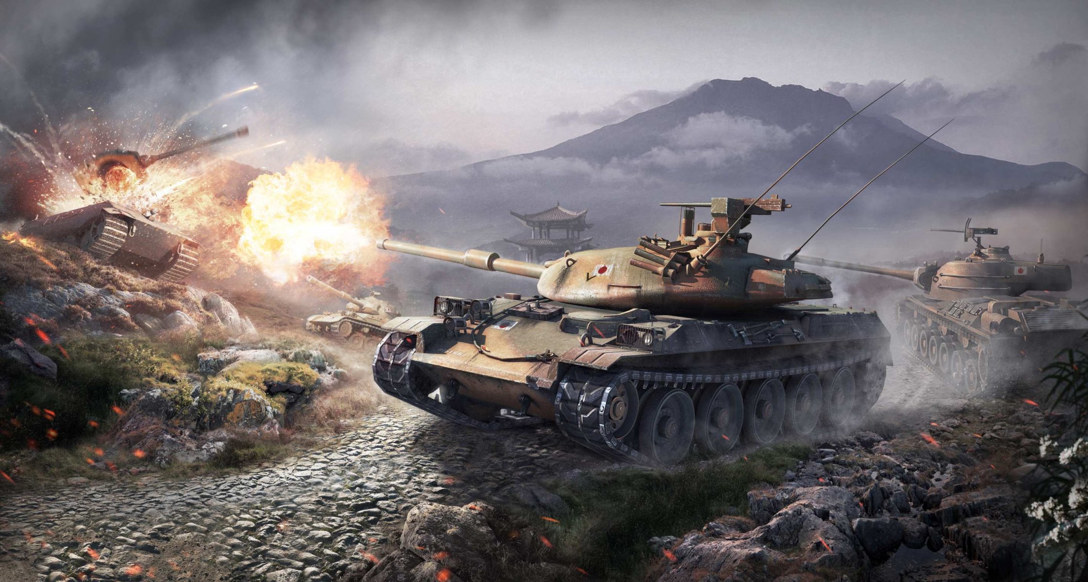 мир танков wargaming нетто wot япония стб-1 введите 61 ста-1 средние танки е 75 тяжёлый танк германия рг горы выстрел пламя огонь облака дым камуфляж