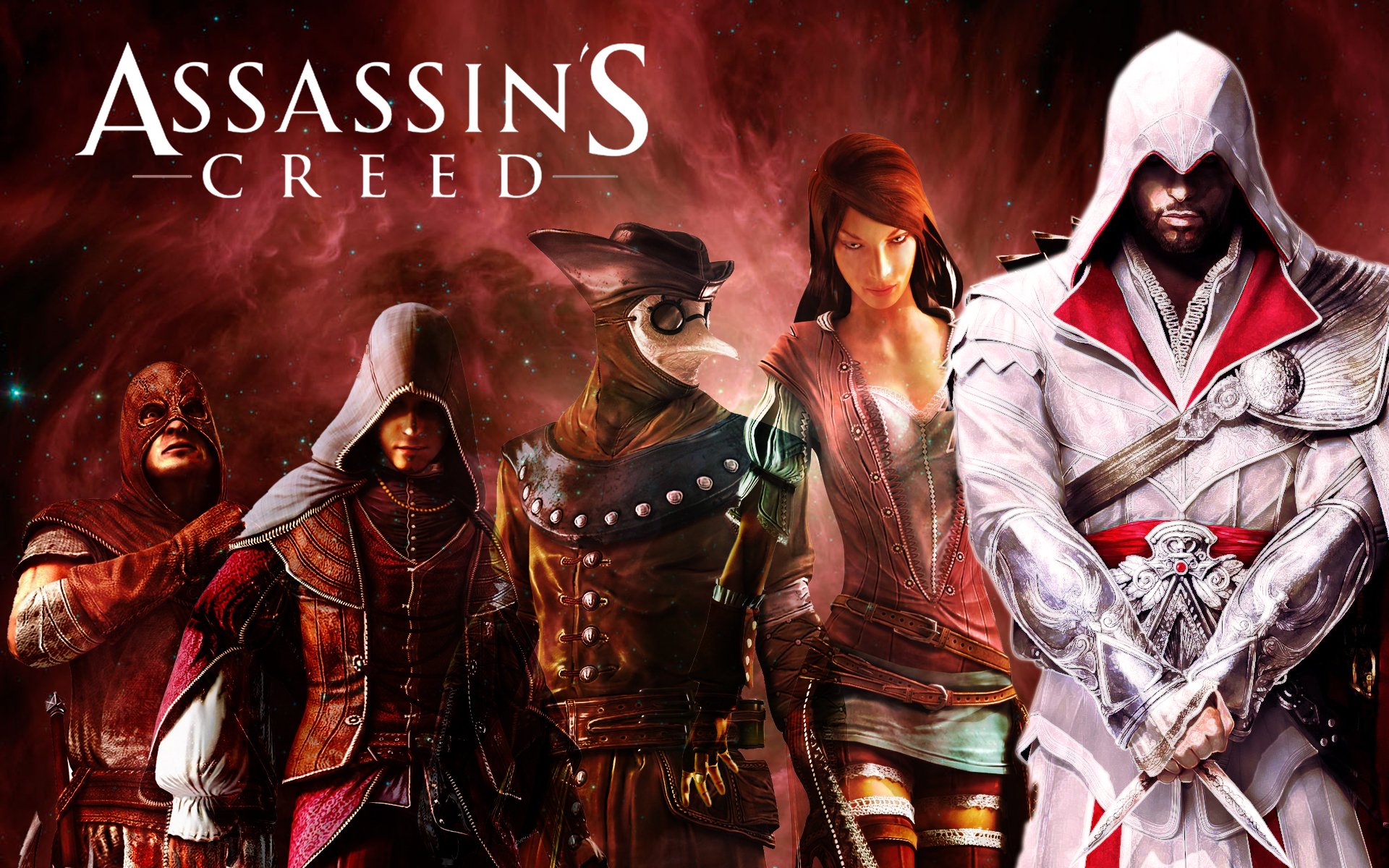 assassins creed братство убийца эцио аудиторе да фиренце ассасин кредо убийц братство крови герои мультиплеер доктор мальфатто бандит ля лупо куртизанка фиора кавацца палач иль карнефи туманность космос вид сзади