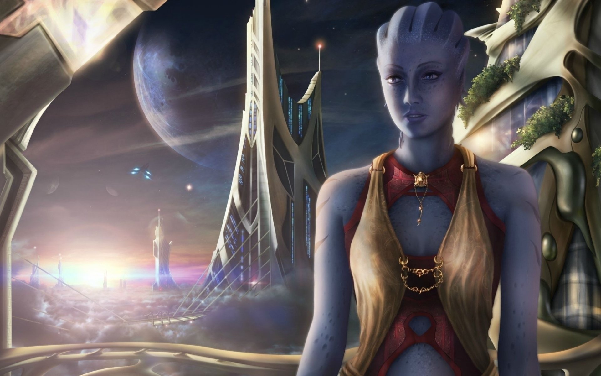 фан-арт mass effect лиара азари город thessia планета корабль облака вид