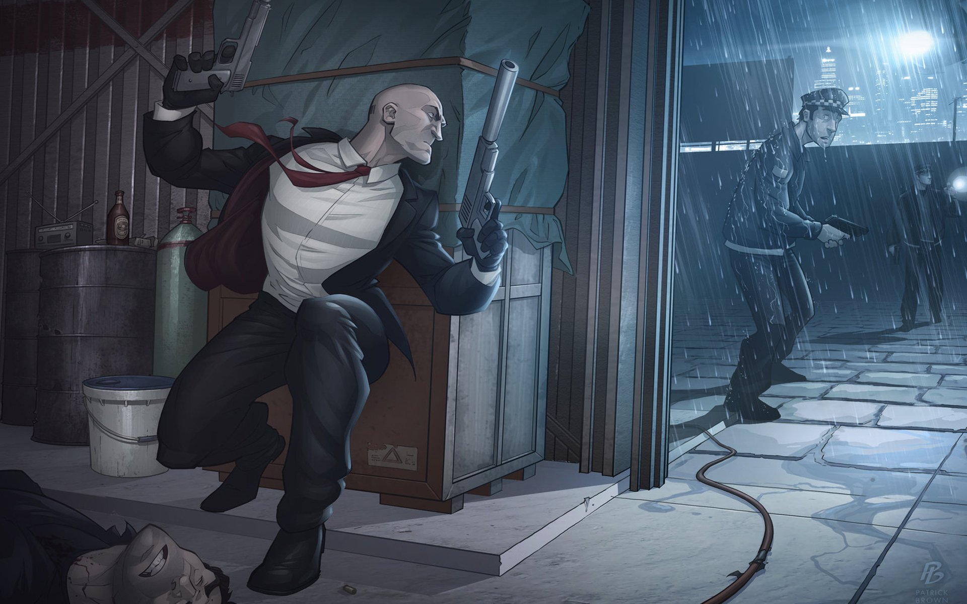 hitman absolution киллер пистолеты дождь полиция патрик браун