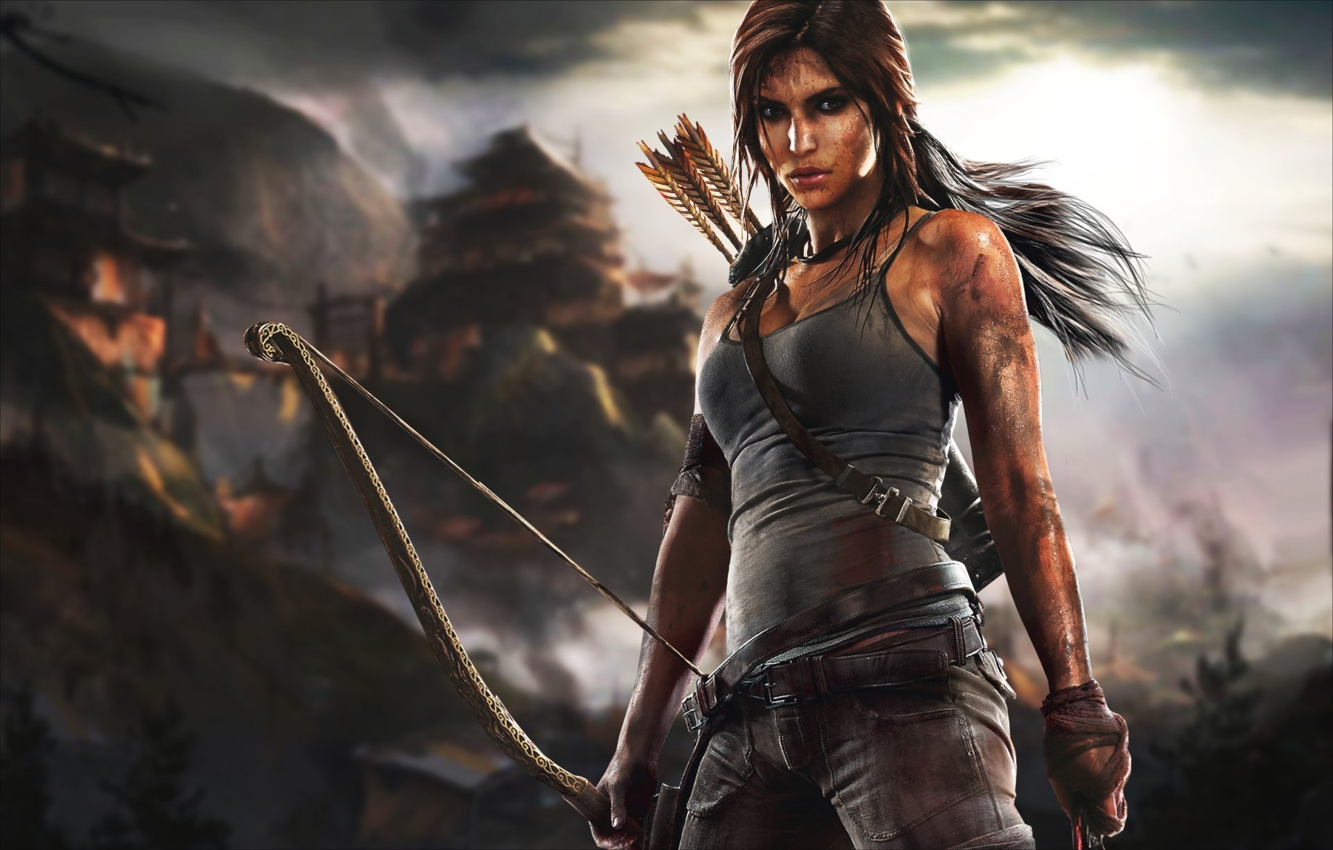 tomb raider lara croft crystal dynamics square enix tomb raider łuk przetrwanie dziewczyna piersi błoto chmury