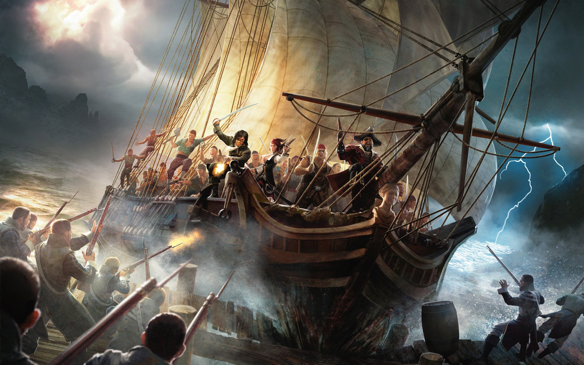 risen 2 корабль парусник пираты пирс шторм гроза молнии оружие