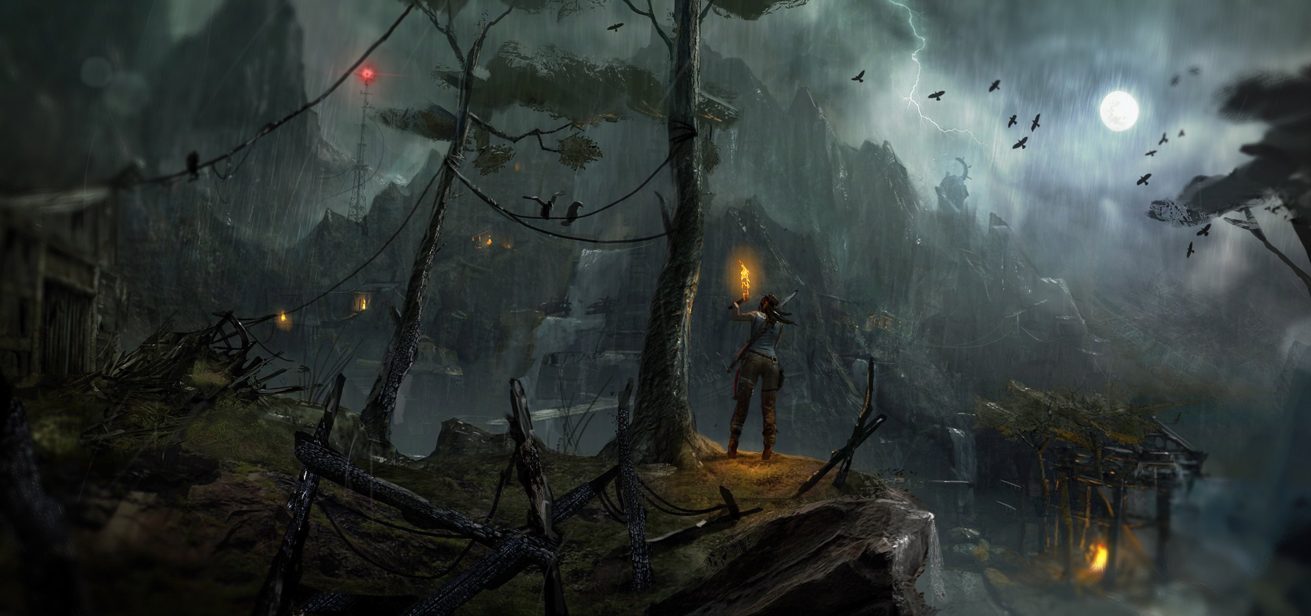 tomb raider dmuchawka deszcz lara croft błyskawica księżyc ptaki pochodnia