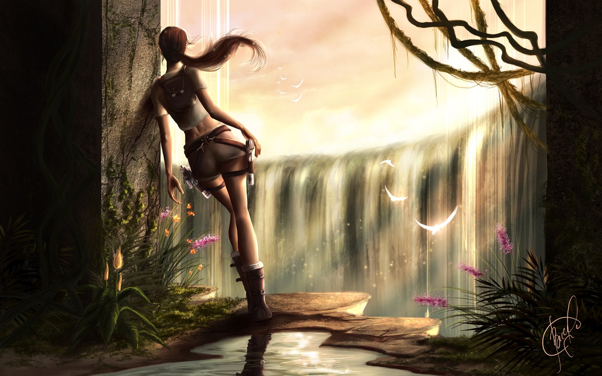 tomb raider lara croft dziewczyna wodospad ściana otwór światło rośliny ptaki