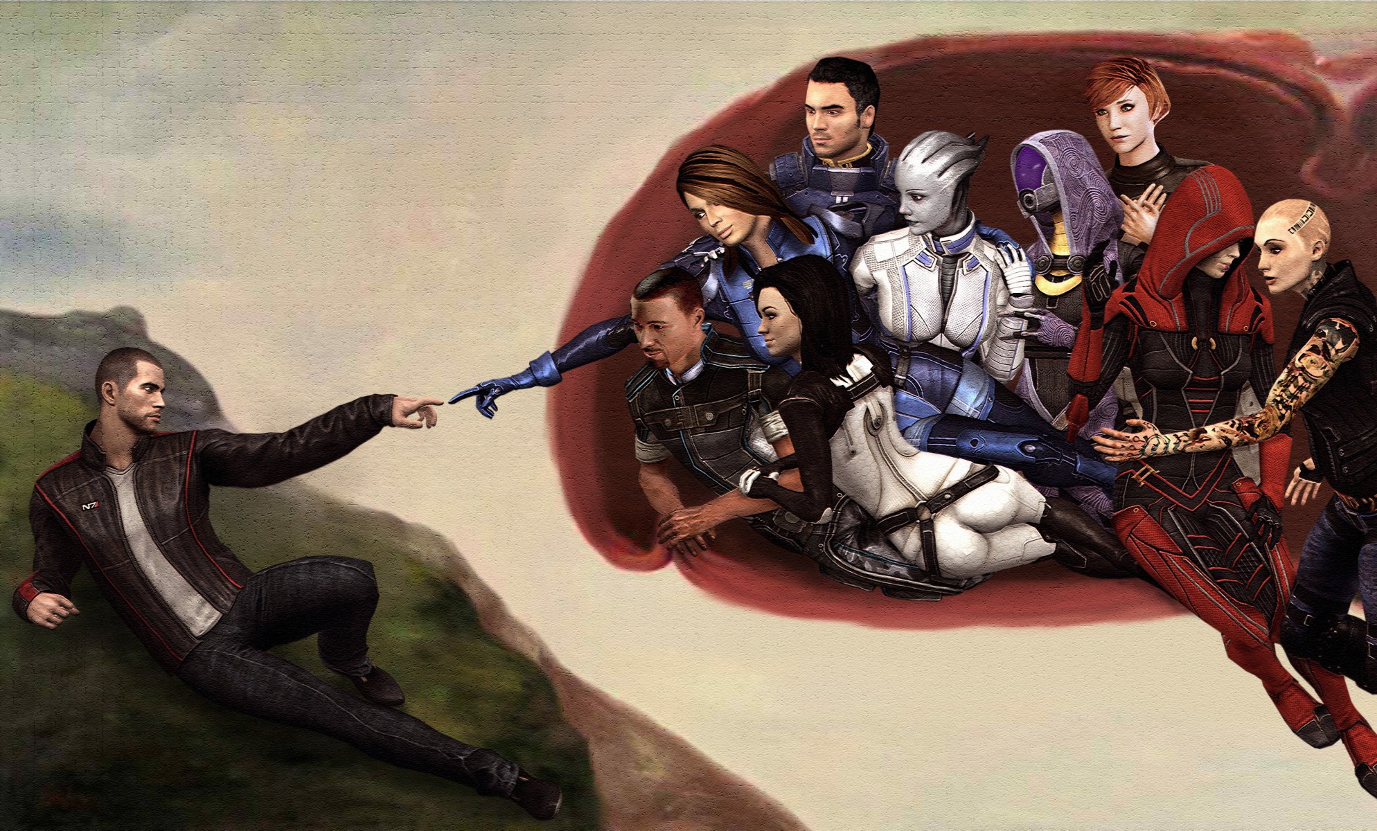 арт mass effect фан-арт шепард команда фреска руки сотворение адама гнездо миранда келли эстебана эшли кайден лиара n7 персонажи