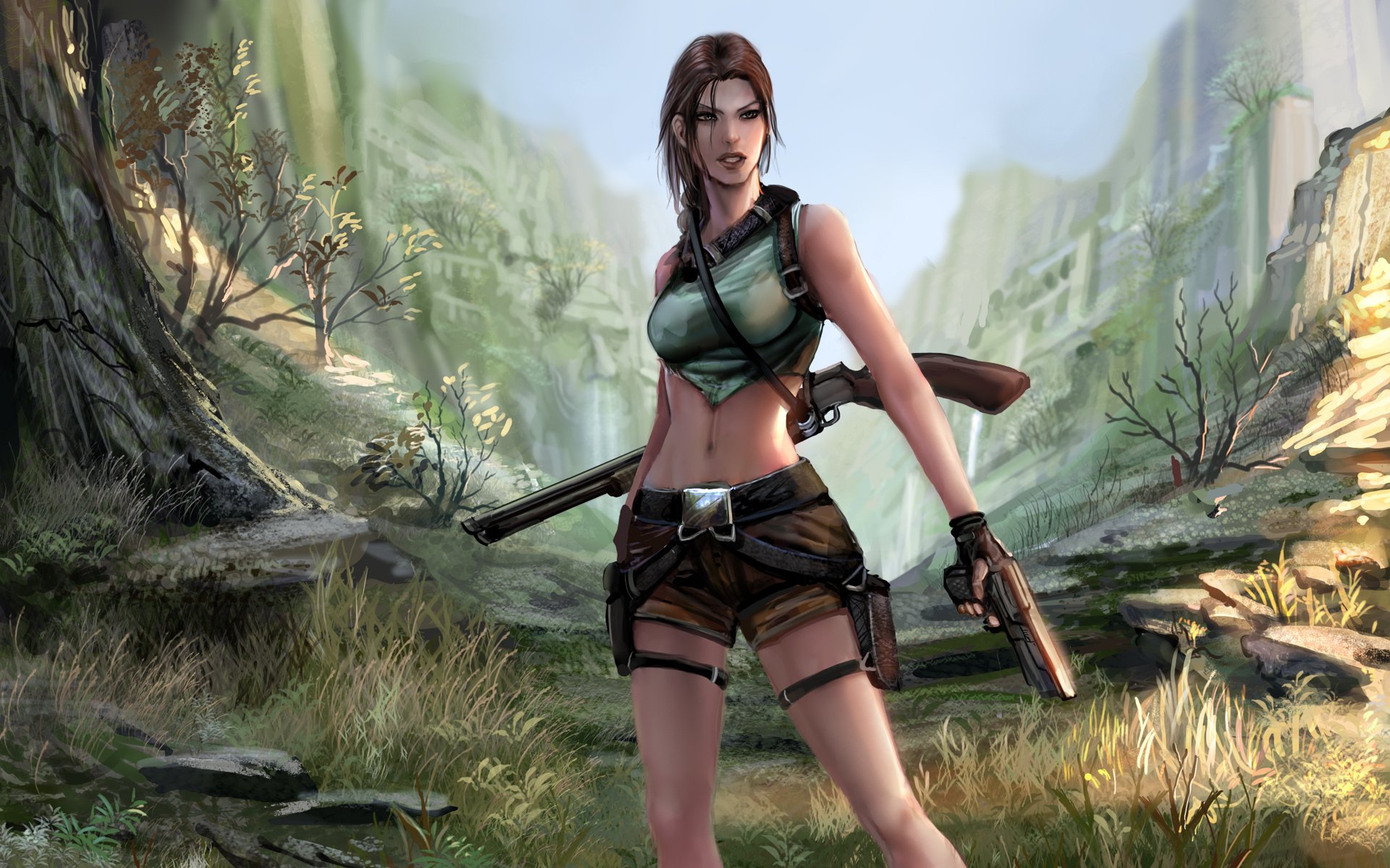 tomb raider лара крофт девушка пистолет дробовик ущелье деревья поза тень