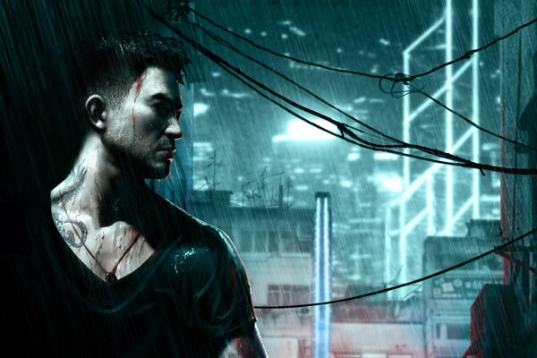 Арт героя из sleeping dogs в дождливом городе
