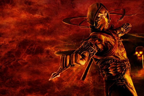Mortal kombat. ниндзя скорпион в аду на фоне огненного черепа
