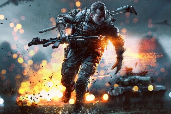 Бегство солдата из battlefield 4 в экипировке от огня и танка