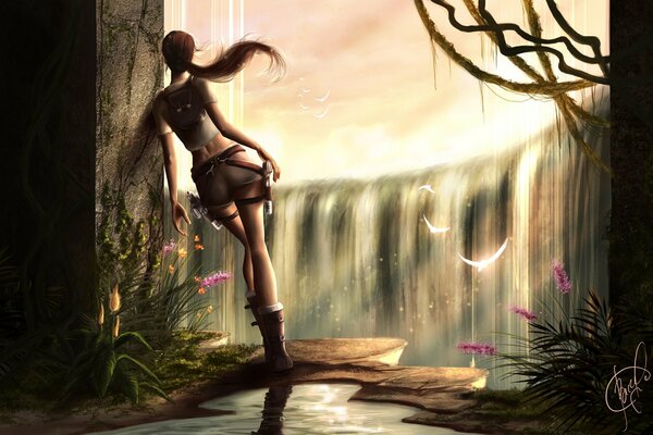 Лара крофт из tomb raider стоит возле водопада