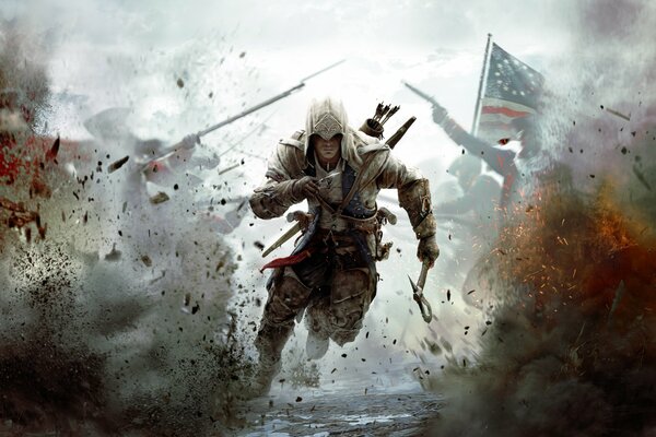 Kadr z gry Assassin s Creed 3 z uciekającym żołnierzem